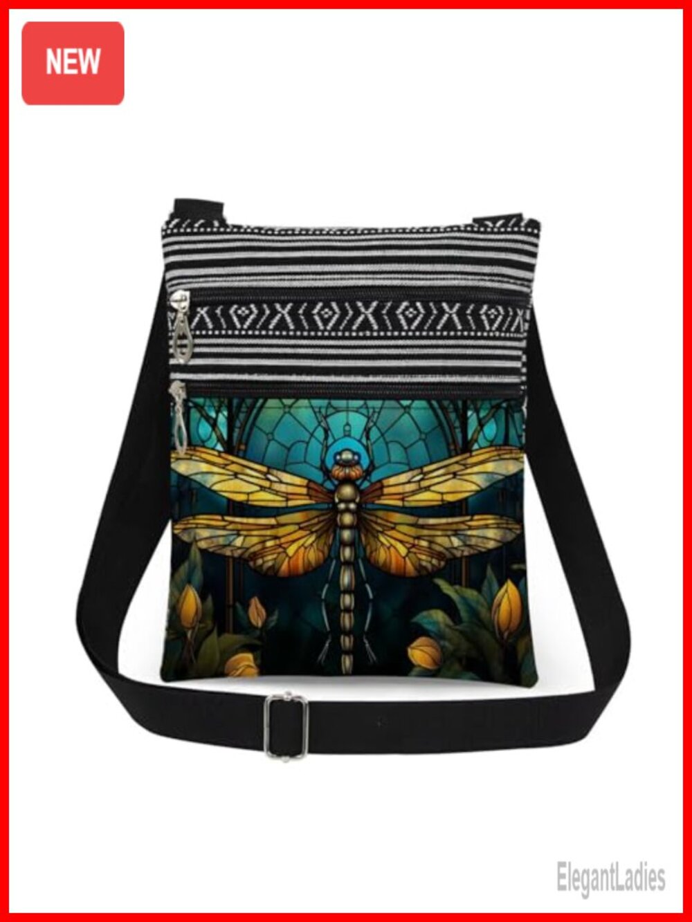 Stained-Glass Dragonfly Crossbody Bag Polyester Adjustable Strap Women